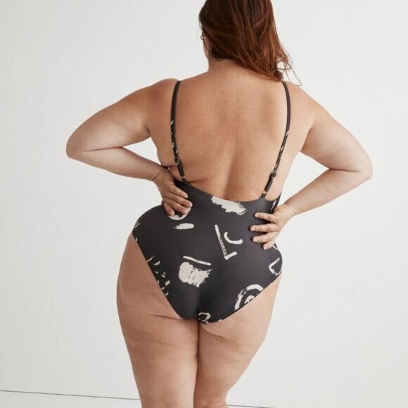 Black One-Piece Swimsuit with Ivory Abstract Print - Picture 2 of 7